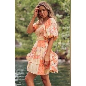 Jessakae Twiddle Dee Womens Floral Patchwork Puffy Sleeve Mini Dress Tiered L